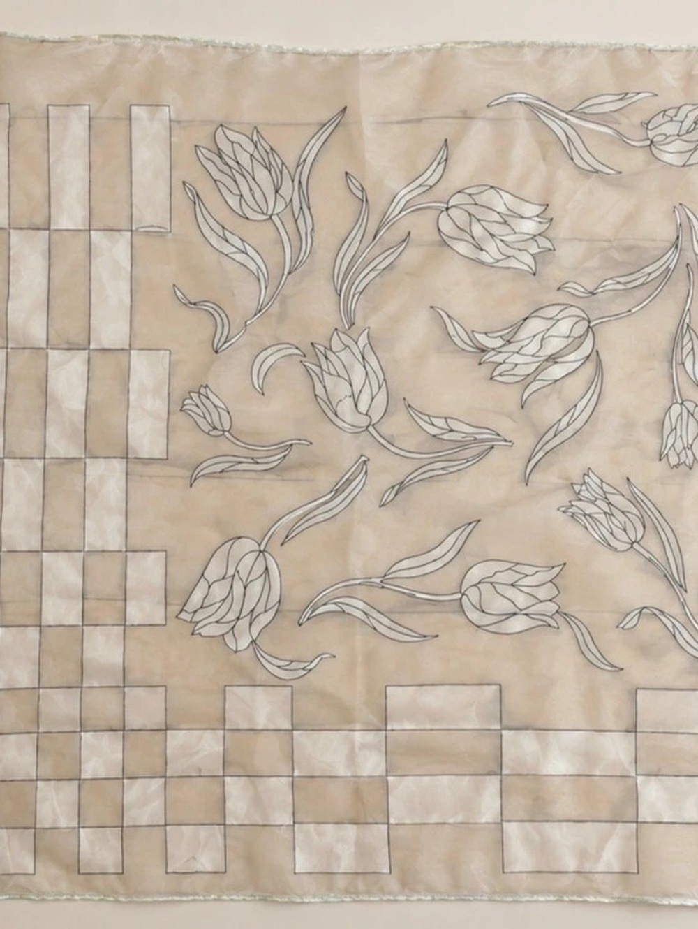 Vintage Sheer Tulip Scarf | Ivory & Taupe Geometric Mod Print
